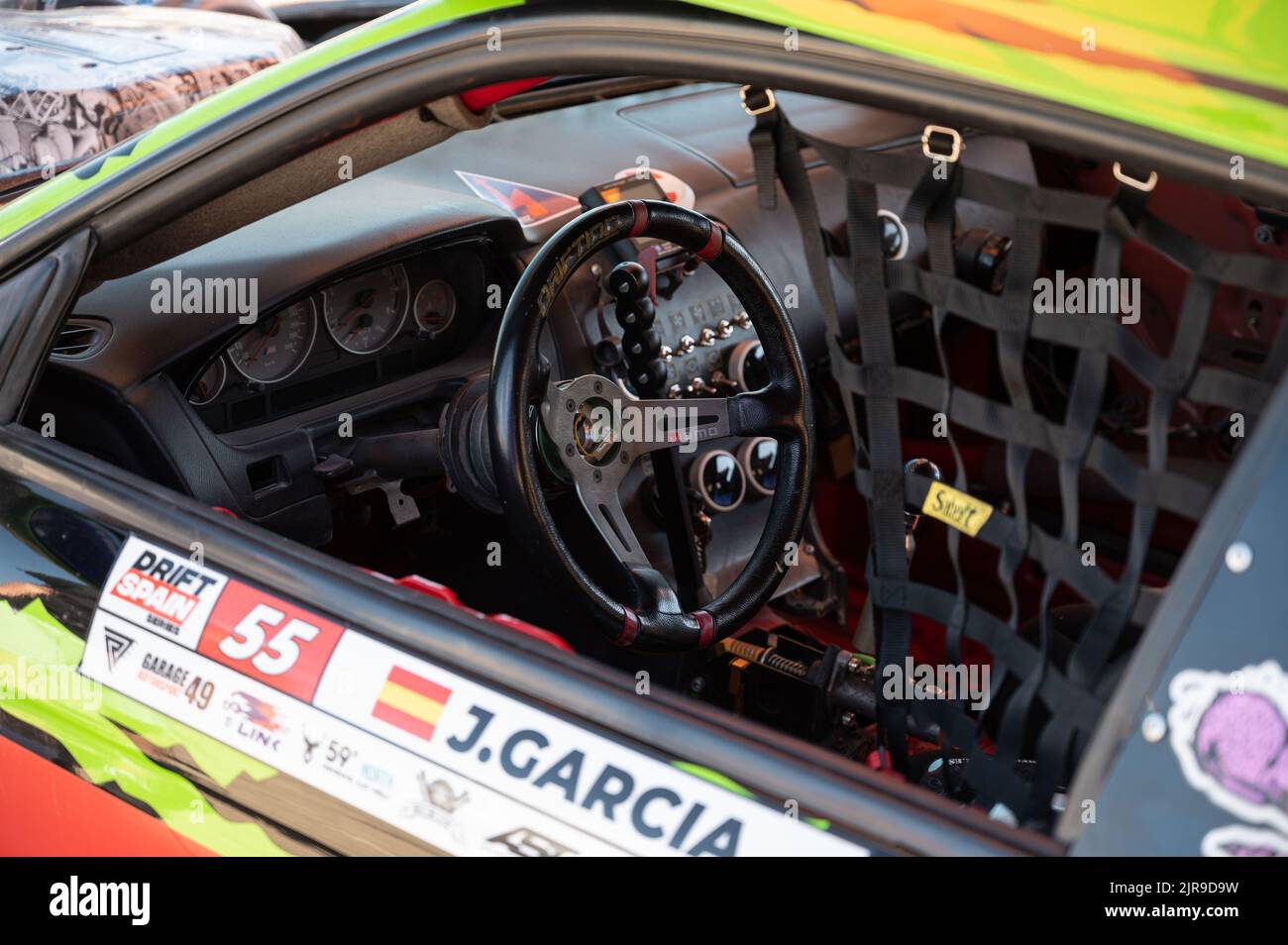Ein Detail des Innenraums eines Nissan Silvia S14 5, der für Driftwettbewerbe vorbereitet wurde Stockfoto