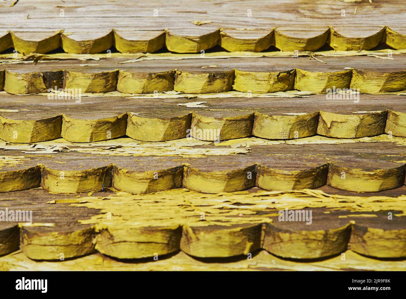 Abstrakter Hintergrund der gelb gestrichenen Bretter. Platz für Text kopieren. Stockfoto