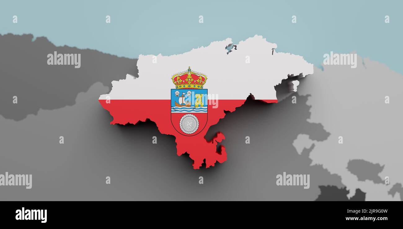 3D Darstellung einer Flagge und Karte der spanischen Gemeinschaft in Kantabrien Stockfoto