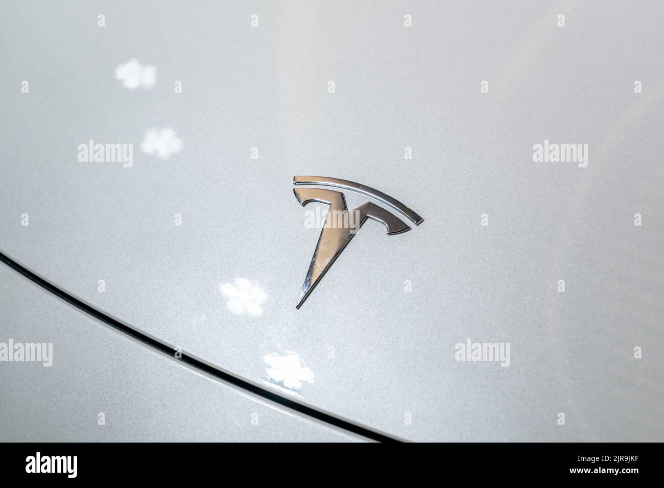 Singapur - 19. Juli 2022: Tesla-Logo auf einer Kapuze. Stockfoto