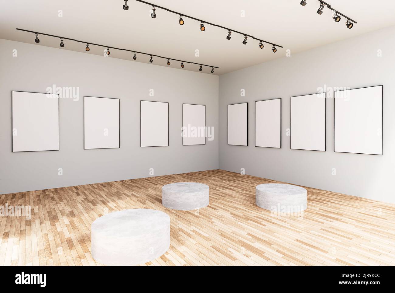 Gerahmte Fotos in einem leeren Raum in der Galerie, Virtual Museum, werden als futuristisches Streaming-Medien-Zeichen als Augmented Reality und Computermedien concep dargestellt Stockfoto