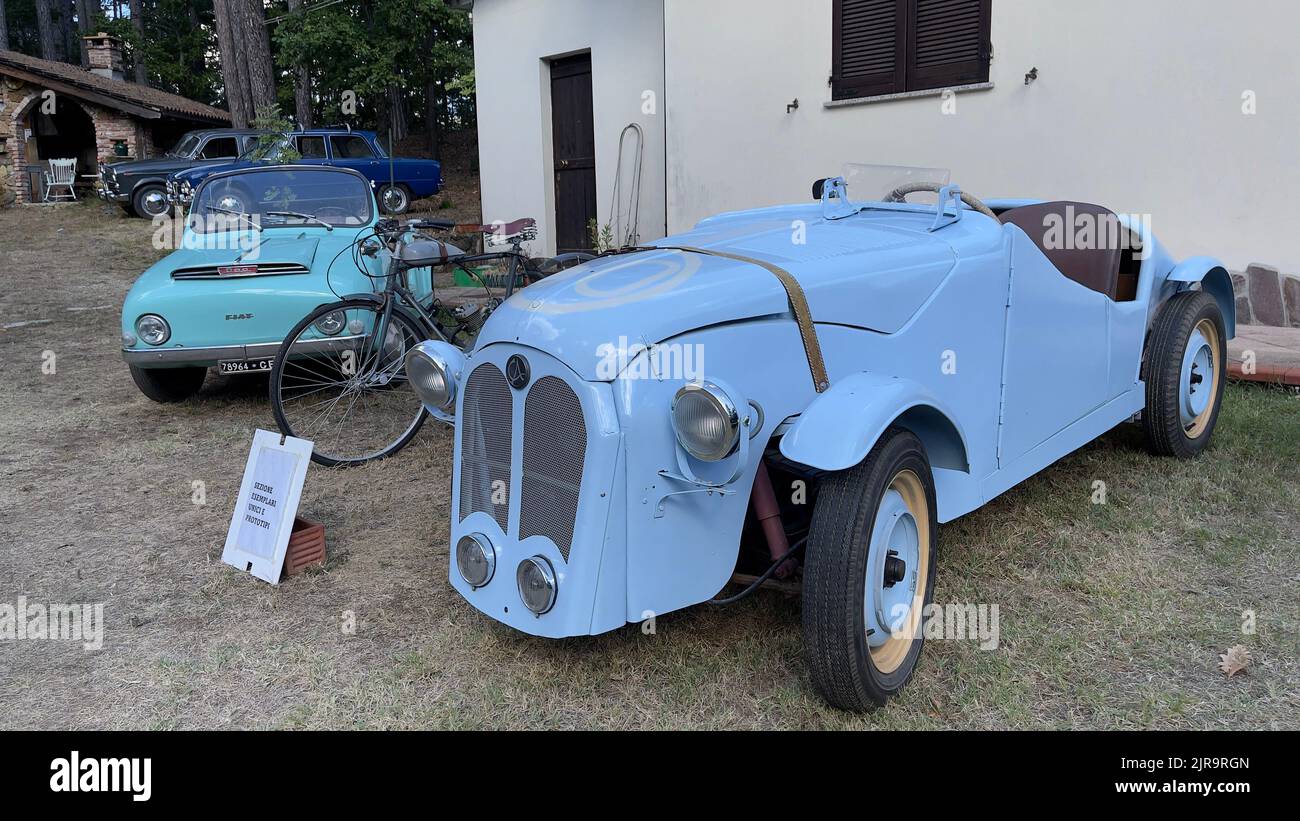 Eine Ausstellung historischer Oldtimer mit Alfa Romeo und Fiat 600 auf dem Land Stockfoto