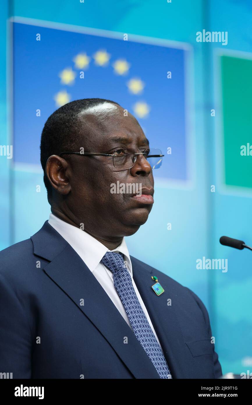 Belgien, Brüssel, am 17. Februar 2022: präsident von Senegal Macky Sall nimmt an der Pressekonferenz des Gipfeltreffens der Europäischen Union und der Afrikanischen Union Teil. EU Stockfoto