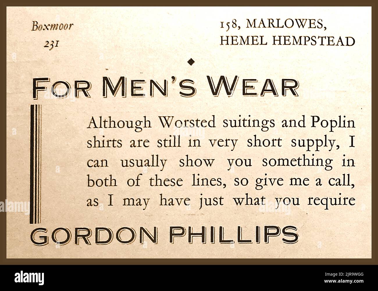 Eine Anzeige aus den 1940er Jahren für Gordon Phillips Herrenmode von Hemel Hempstead Stockfoto