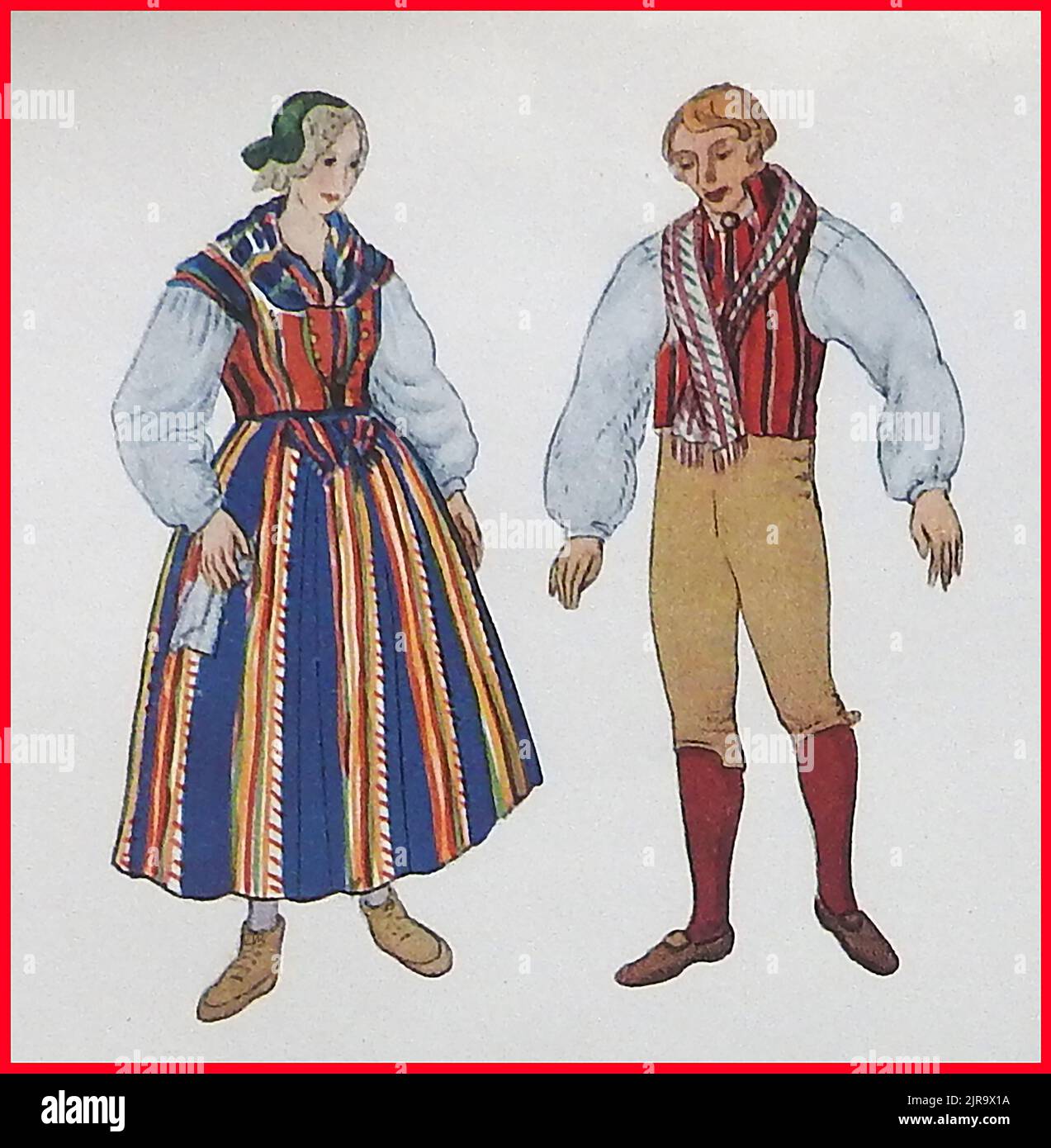 Eine klassische Farbdarstellung, die traditionelle nationale Kostüme in Finnland zeigt. -- Vintage-värikuva, jossa näkyy perinteisiä kansallispukuja Suomessa. Stockfoto