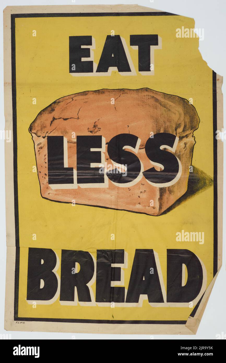 Poster, 'Eat Less Bread', 1917, Großbritannien, von Hazell, Watson und Viney Ltd., Ministerium für Lebensmittel (Lebensmittelkontrolleur). Schenkung des Verteidigungsministeriums, 1919. Stockfoto