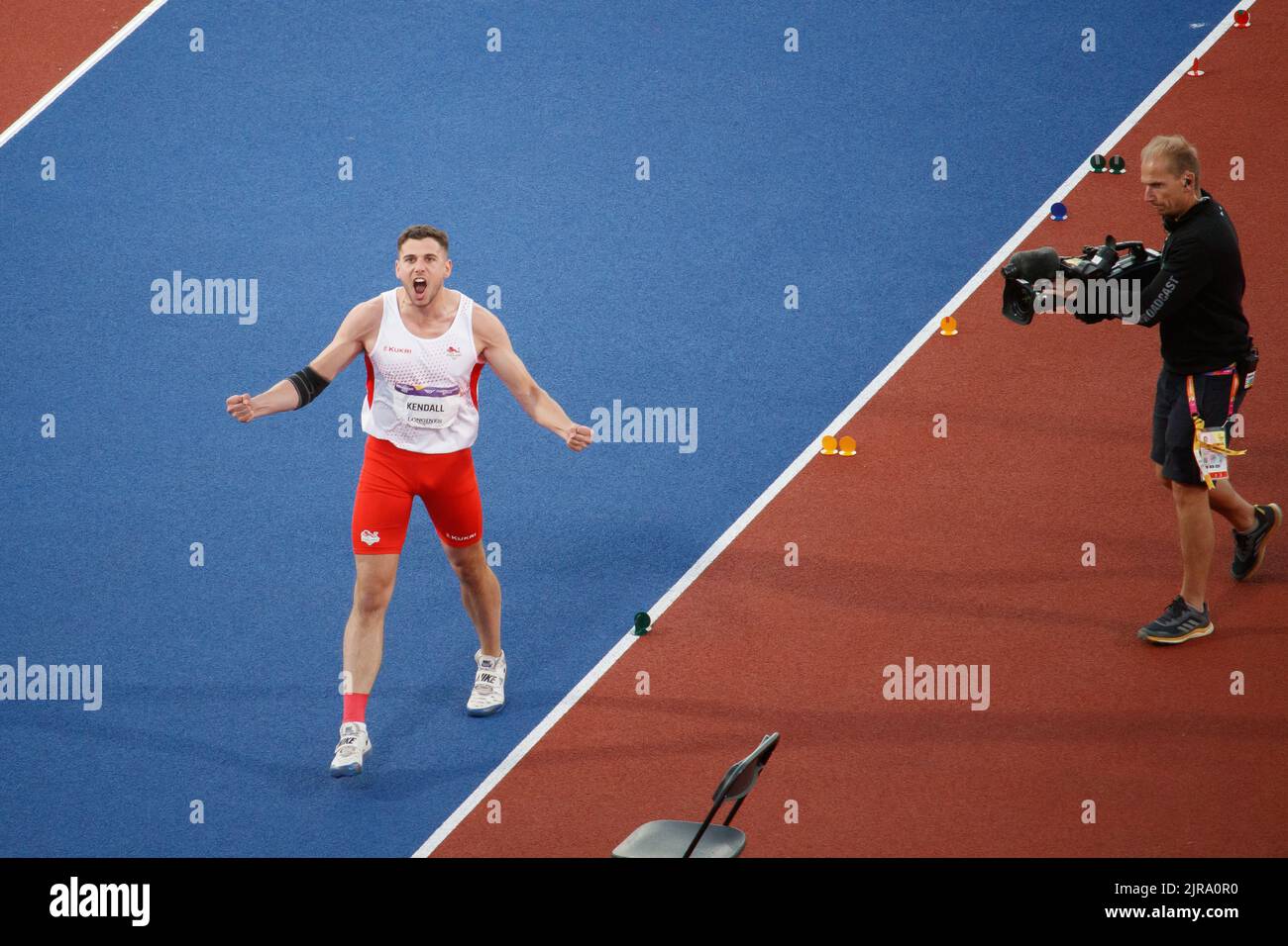 Aktion der Commonwealth Games von Birmingham im Alexander-Sportstadion am Abend des 5.. August 2022. Das Bild zeigt Harry Kendall aus England, der beim Männer-Zehnkampf am Javelin-Wurf teilnimmt. Stockfoto