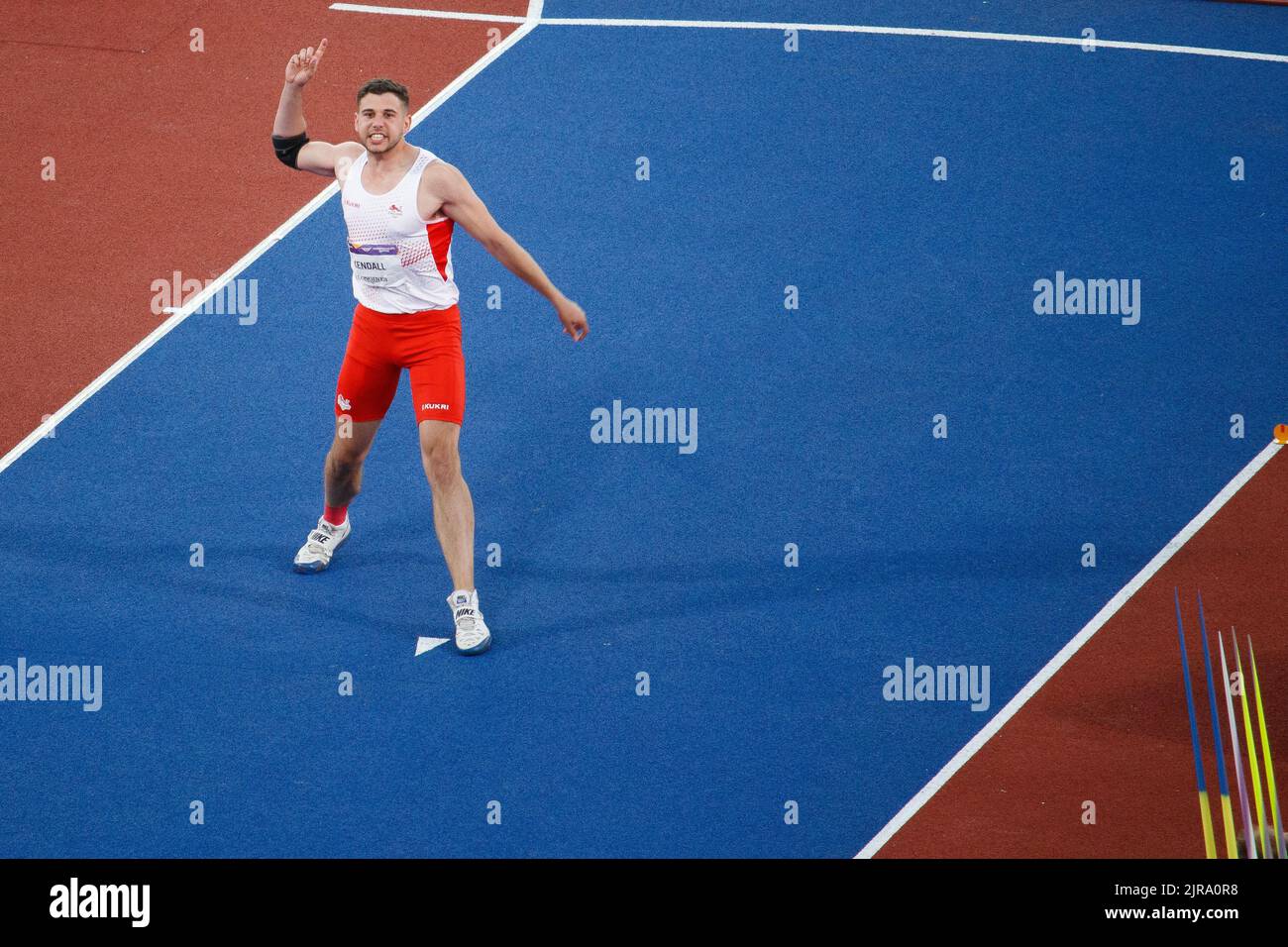 Aktion der Commonwealth Games von Birmingham im Alexander-Sportstadion am Abend des 5.. August 2022. Das Bild zeigt Harry Kendall aus England, der beim Männer-Zehnkampf am Javelin-Wurf teilnimmt. Stockfoto