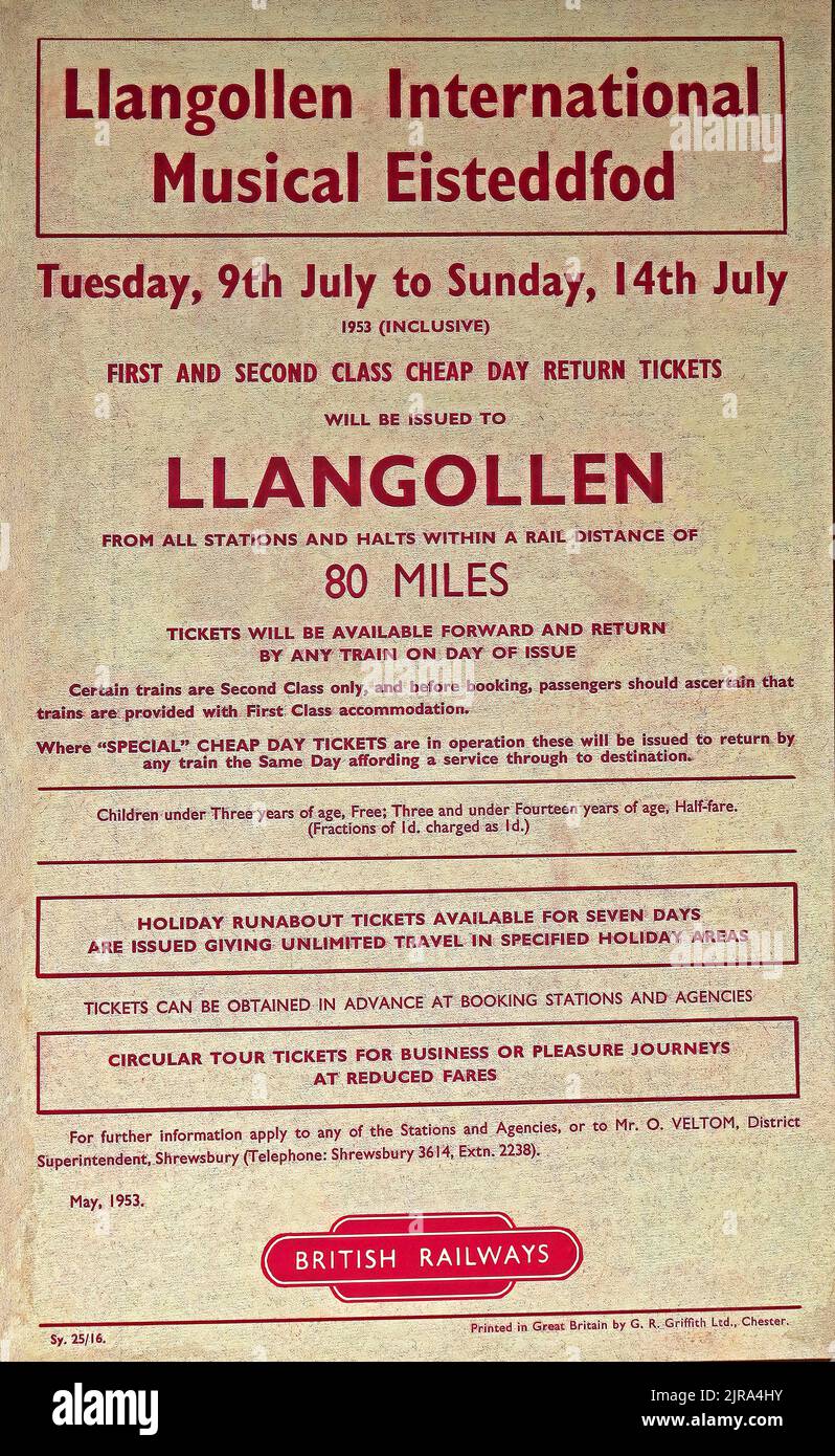 Llangollen International Musical Eisteddfod 1963, billige Holiday Runabout Bahntickets in einem 80 Meilen Radius, British Railways BR Poster Stockfoto
