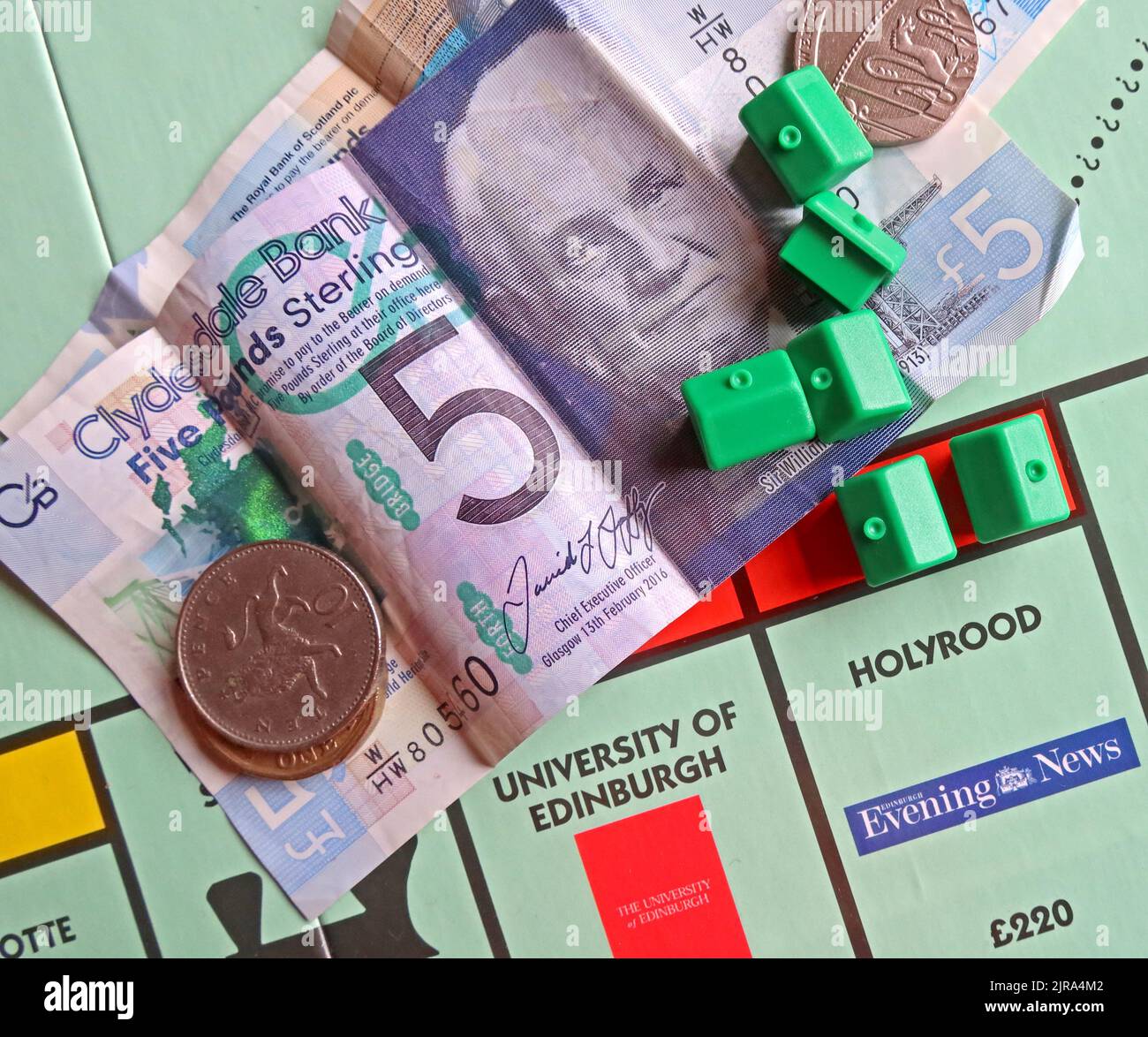 Monopoly Board, Sterling Notes, Kosten für den Kauf von Immobilien, neue Häuser in Schottland, Verringerung der Wirkung von Zweitwohnungen auf die Gemeinschaft Stockfoto
