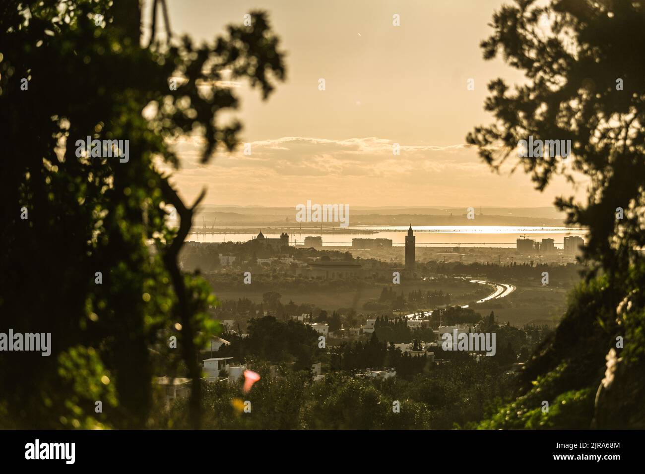 Tunesien, Karthago: Überblick über die Stadt bei Sonnenuntergang mit der Malik ibn Anas Moschee, die auf dem Hügel „colline de l’Odeon“, im Herzen des Archaeos, errichtet wurde Stockfoto