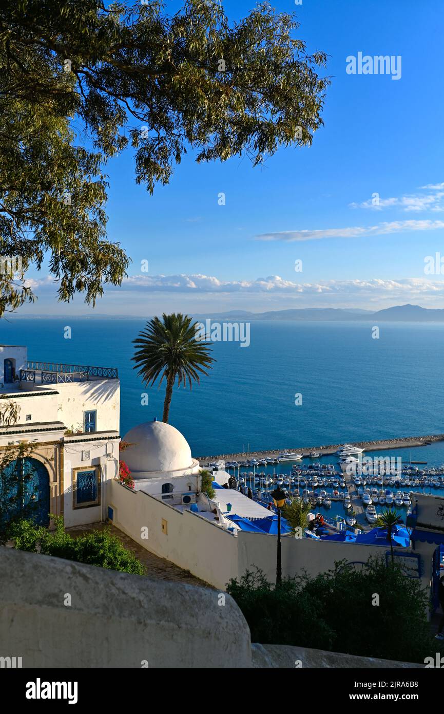 Tunesien: Sidi Bou sagte: Ein Dorf mit weißen Häusern, das hoch oben auf einer Klippe über dem Golf von Tunis liegt Stockfoto