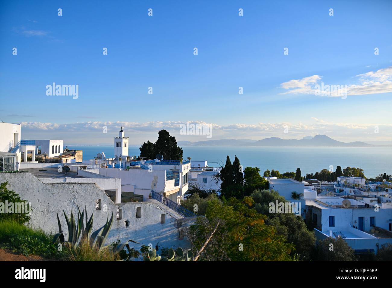 Tunesien: Sidi Bou sagte: Die Stadt und ihre weißen Häuser mit blauen Türen und Dachterrassen, die arabische und andalusische Architektur vereinen, sind hoch gesetzt Stockfoto