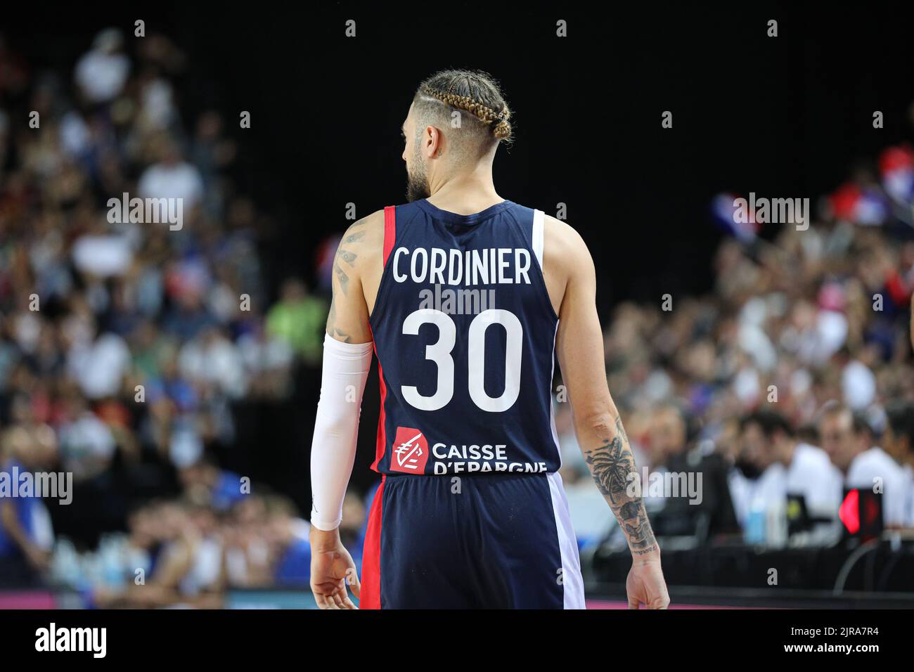 Isaia Cordinier beim zweiten Spiel für das France Basket Team gegen Italien in Montpellier zur Vorbereitung auf den Eurobasket 2022 Stockfoto