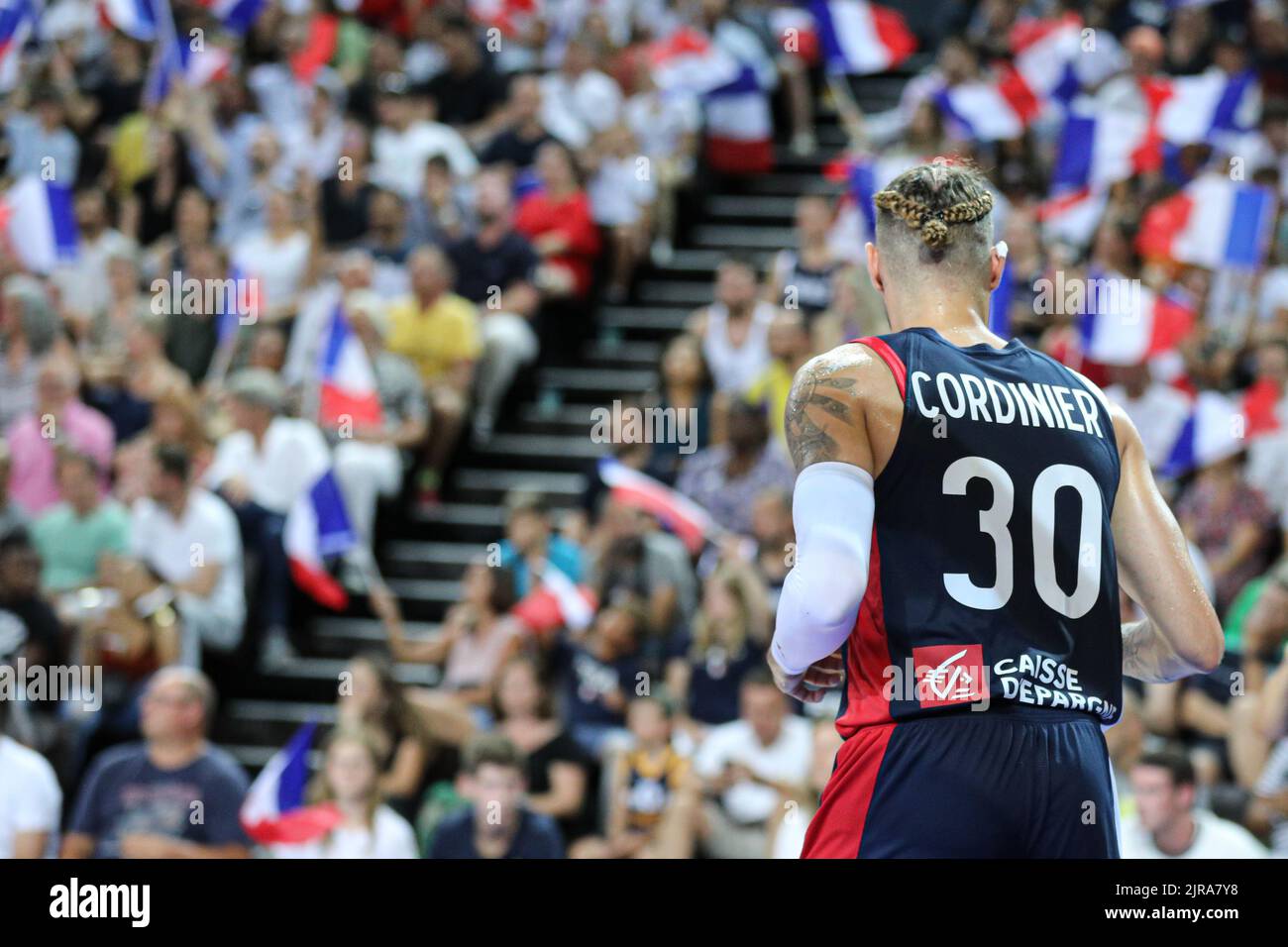 Isaia Cordinier beim zweiten Spiel für das France Basket Team gegen Italien in Montpellier zur Vorbereitung auf den Eurobasket 2022 Stockfoto