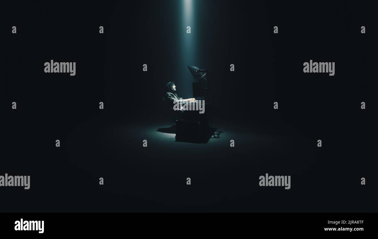 CyberSpy in einer anonymen Maske Eingabe auf der Tastatur und Angriff auf Systemdaten auf einem Computer in der Dunkelheit während eines Cyberkriminalität in der Nacht Stockfoto