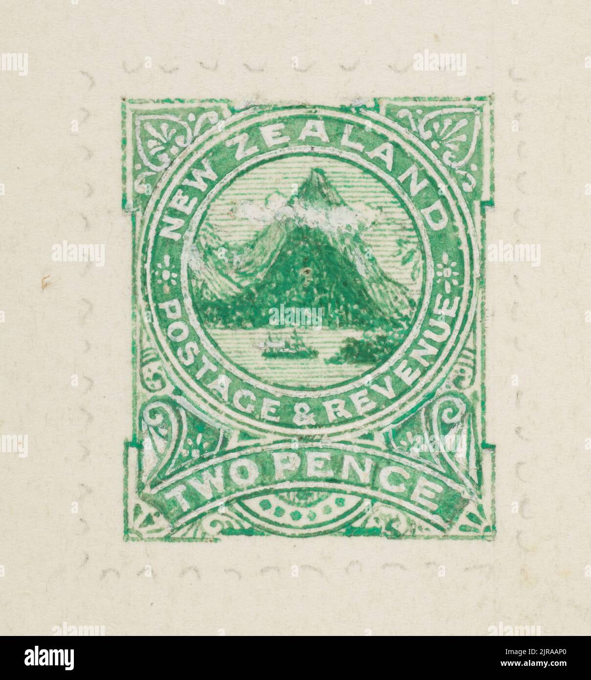 Aquarell 'Essay' in Grün für 1898 illustrierte zwei-Penny-Briefmarke, 1898, Neuseeland, von William Bock. Stockfoto