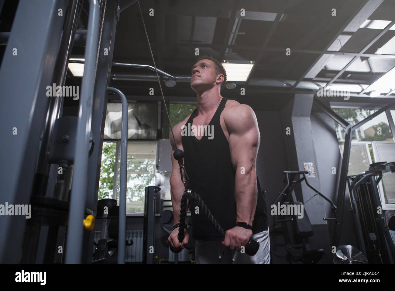 Low-Angle-Aufnahme eines muskulösen Sportlers, der im Fitnessstudio trainiert und Trizeps trainiert Stockfoto