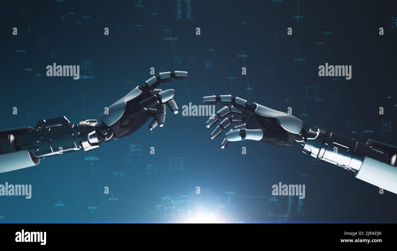 3D Darstellung von Händen von Cyborgs, die sich ausstrecken und sich gegen verschiedene digitale Daten und Grafiken berühren Stockfoto