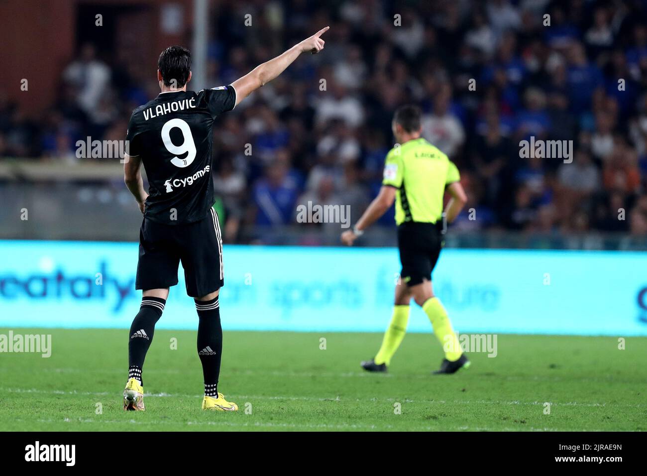 Genua, Italien. 22. August 2022. Dusan Vlahovic von Juventus FC zeigt sich während des Serie-A-Spiels zwischen uns Sampdoria und dem FC Juventus im Stadio Luigi Ferraris am 22. August 2022 in Genua, Italien. Quelle: Marco Canoniero/Alamy Live News Stockfoto