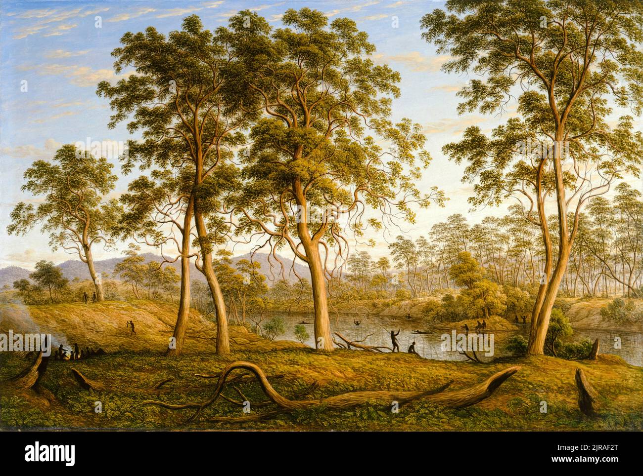 Einheimische am Ouse River, Van Diemen’s Land, Landschaftsmalerei in Öl auf Leinwand von John Glover, 1838 Stockfoto