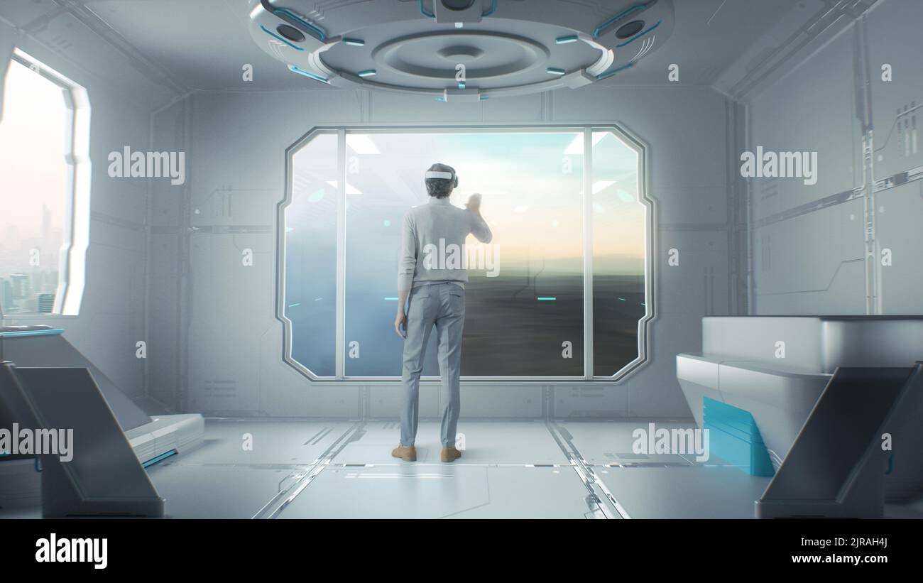 Nicht erkennbarer Mann, der eine VR-Brille aufsetzt und die Fensteransicht im Virtual Reality-Raum auswählt Stockfoto