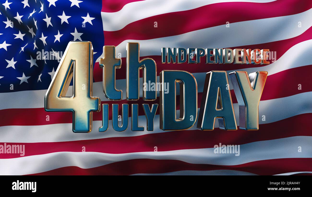 3D Darstellung von Alphakanal-Animation mit goldenen Buchstaben, die gegen die amerikanische Flagge erscheinen und die Inschrift des Unabhängigkeitstages vom 4.. Juli bilden Stockfoto