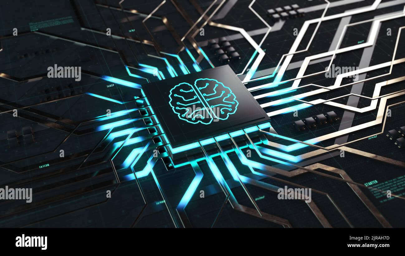 3D Rendering of Artificial Intelligence Konzept der Digitalisierung, Mikrochip mit Gehirn-Logo beginnt, Informationen zu verarbeiten Cloud-Computing-Daten, digitale Linien bewegen sich aus dem Prozessor Stockfoto