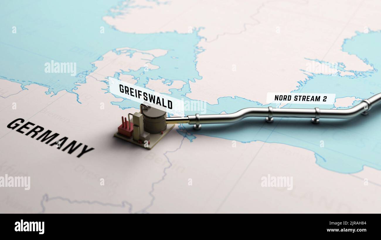 3D Rendering of Process Nord Stream 2 Bau einer Gaspipeline zwischen Russland und Deutschland auf der Karte Stockfoto