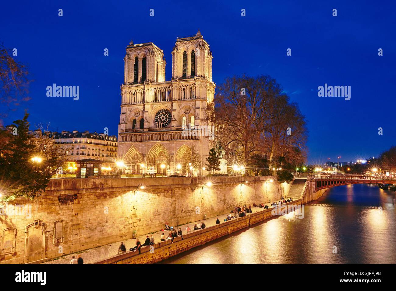 Blick auf die seine und Notre-Dame de Paris bei Nacht Stockfoto