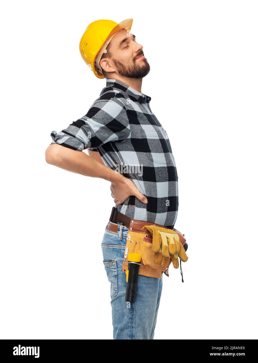 Männlicher Arbeiter oder Baumeister mit Rückenschmerzen Stockfoto