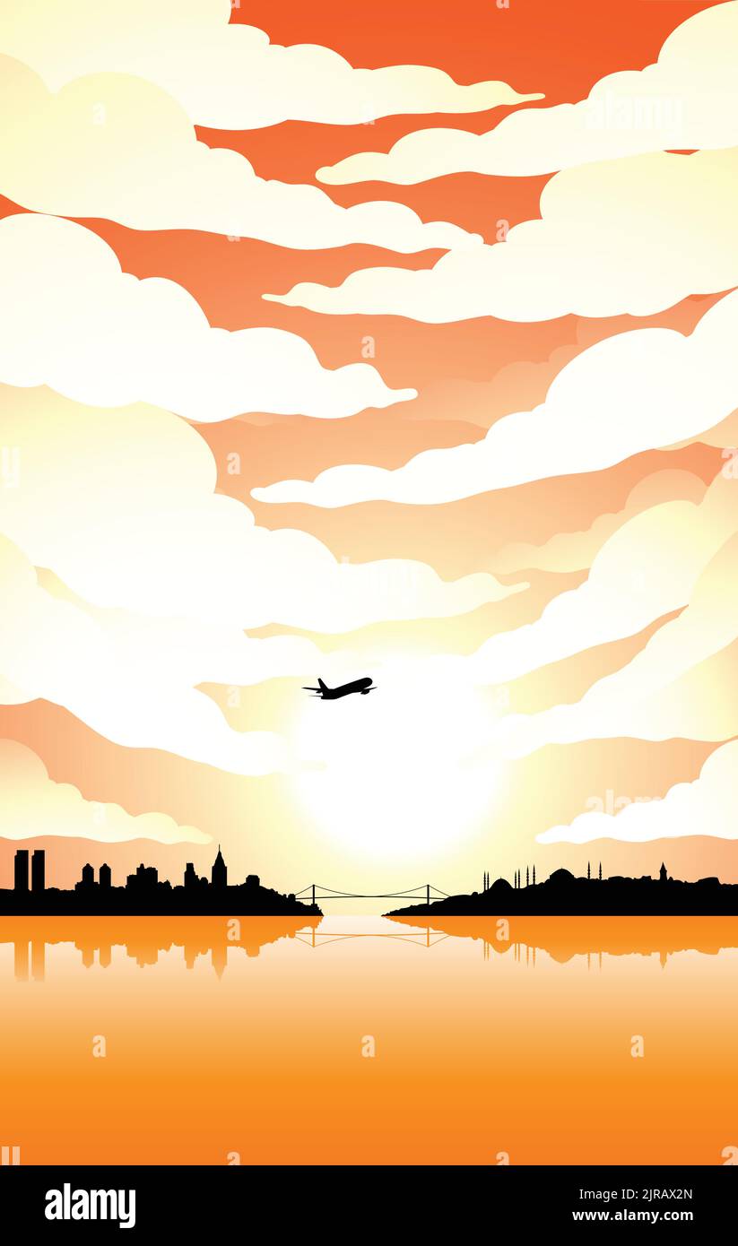 Illustration von Istanbul Silhouette unter einem wolkigen Himmel bei Sonnenuntergang Stock Vektor