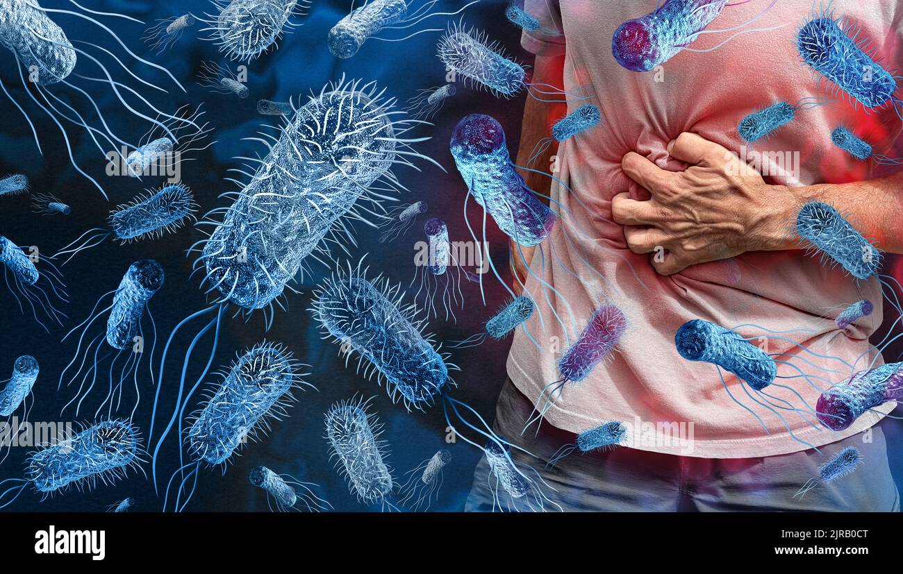 Salmonellenvergiftung Bakterien Ausbruchskonzept und bakterielle Infektion als mikroskopischer Hintergrund mit gefährlichen lebensmittelbedingten Krankheiten als Person. Stockfoto