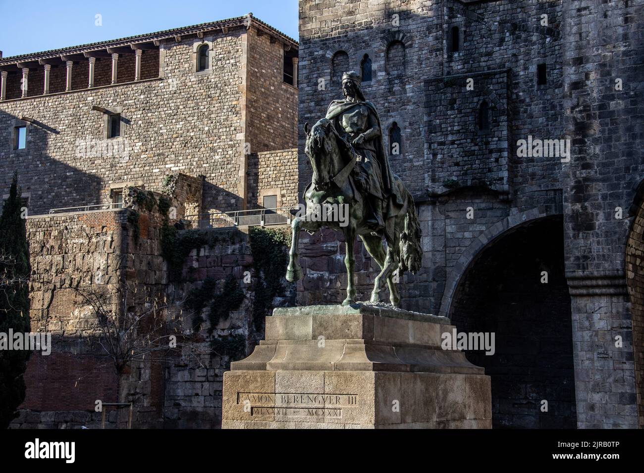 Montierte Statue von Ramon Berenguer III, Barcelona, Spanien Stockfoto
