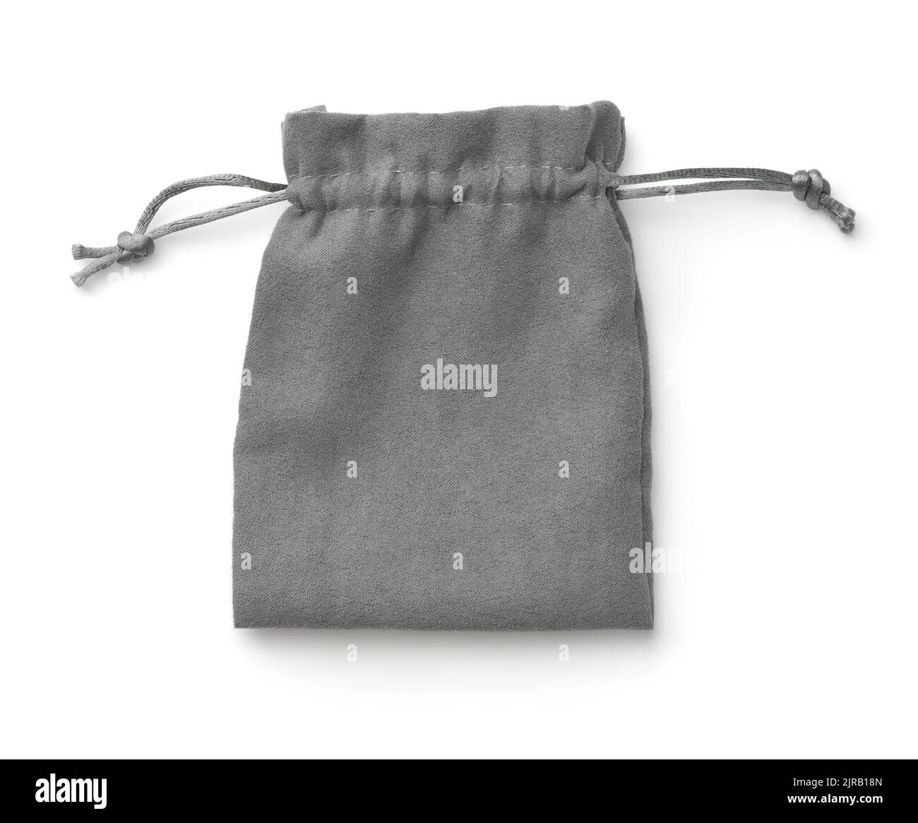 Draufsicht auf leeren grauen Stoff Kordelzug Geschenktüte isoliert auf weiß Stockfoto