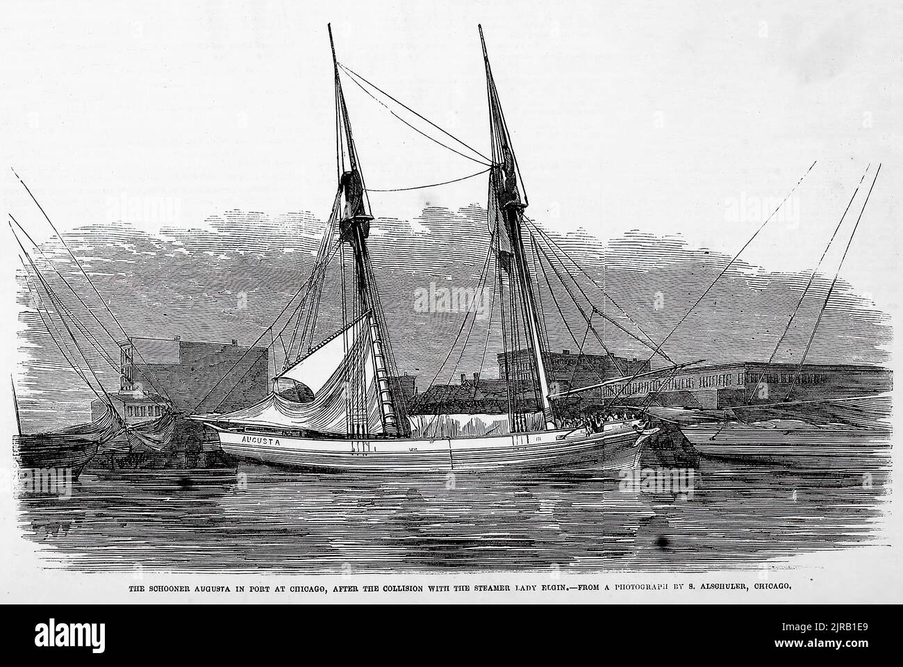 Der Schoner Augusta im Hafen von Chicago, nach der Kollision mit der Dampferin Lady Elgin. 8.. September 1860. 19.. Jahrhundert Illustration aus Frank Leslie's Illustrated Newspaper Stockfoto