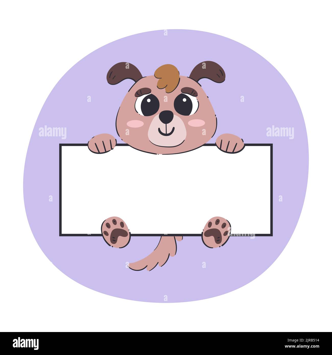 Hund mit weißem Banner. Niedliche handgezeichnete Vektor-Illustration mit violettem Hintergrund. Editierbare Kartenvorlage. Stock Vektor