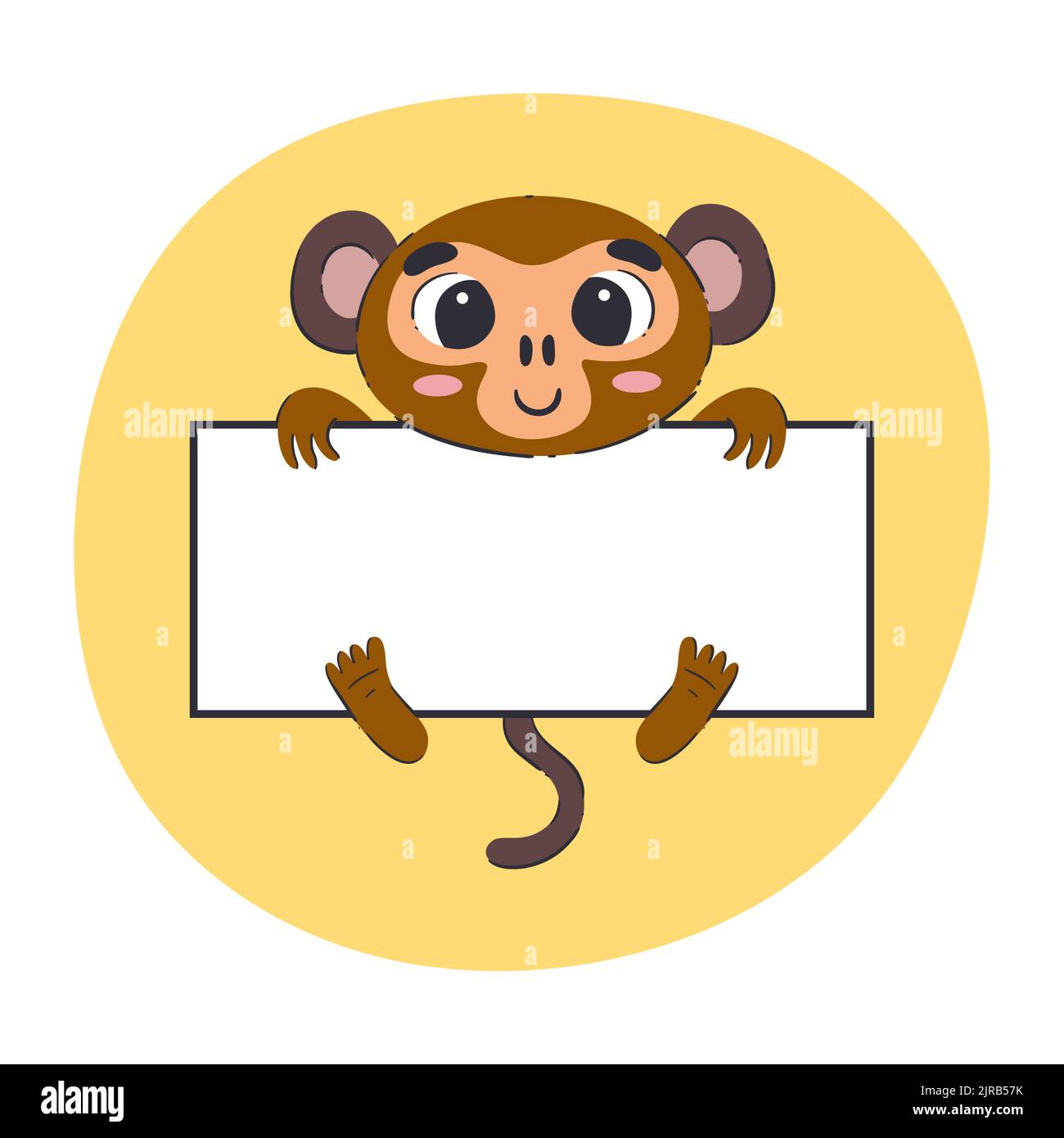 Ein Affe mit einem weißen Banner. Niedliche handgezeichnete Vektorgrafik mit gelbem Hintergrund. Editierbare Kartenvorlage. Stock Vektor