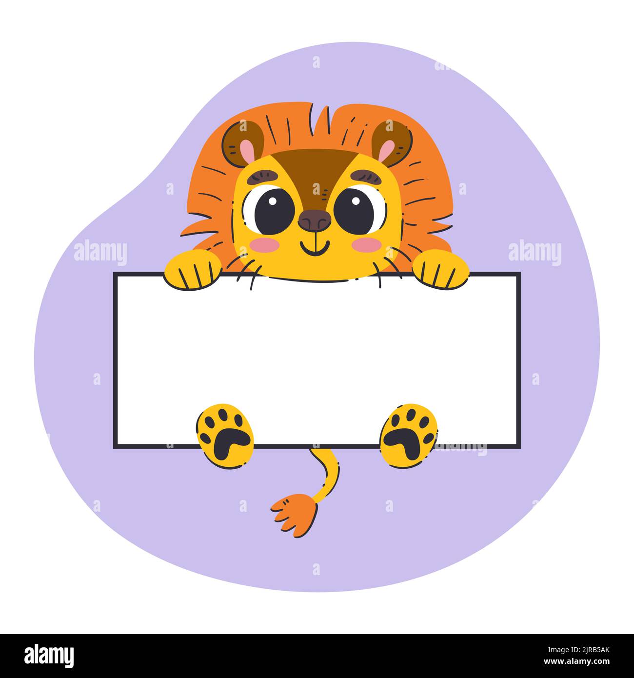 Löwe hält ein weißes Banner. Niedliche handgezeichnete Vektor-Illustration mit violettem Hintergrund. Editierbare Kartenvorlage. Stock Vektor