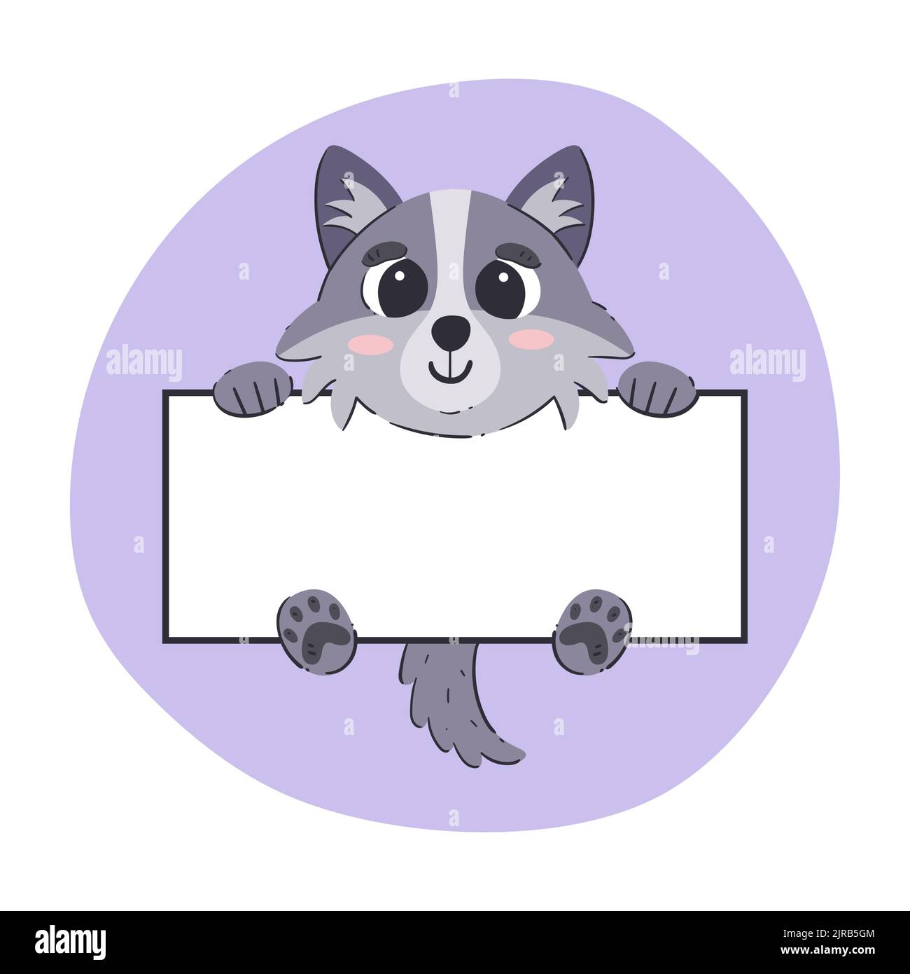 Wolf hält ein weißes Banner. Niedliche handgezeichnete Vektor-Illustration mit violettem Hintergrund. Editierbare Kartenvorlage. Stock Vektor