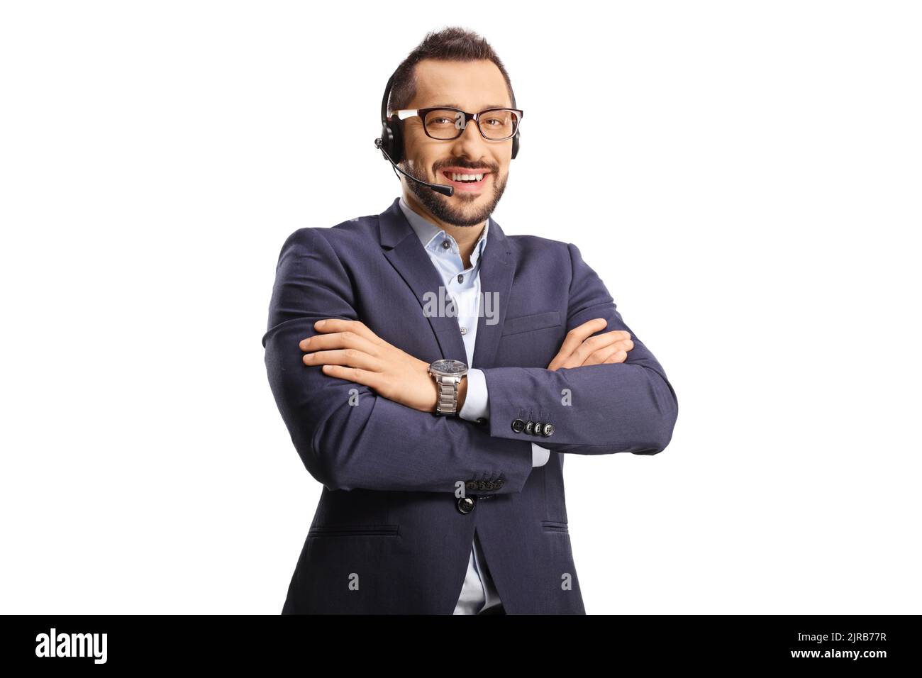 Professioneller Telefonanruf mit einem Headset mit freihändiges Mikrofon, das auf weißem Hintergrund isoliert ist Stockfoto