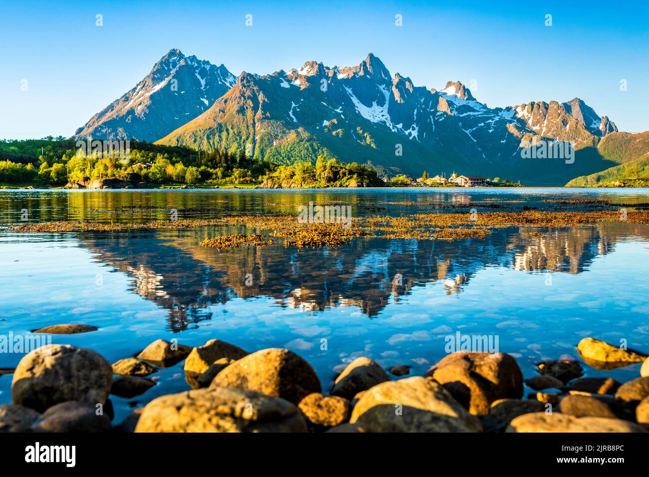 Norwegen, Nordland, Küste des Austnesfjords mit Bergen im Hintergrund Stockfoto