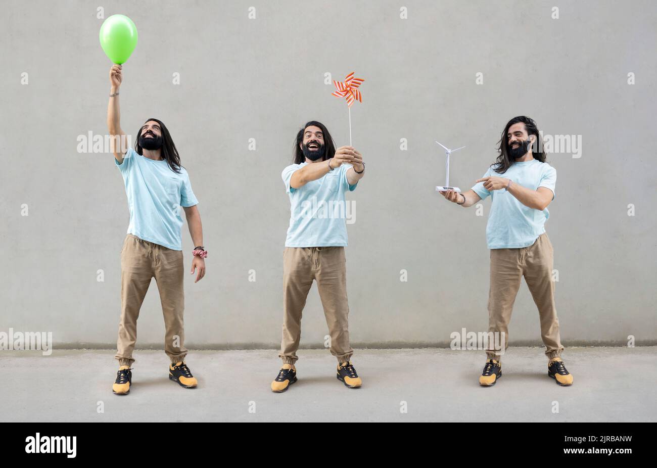 Mehrfachbild eines bärtigen Mannes mit Objekten vor der Wand Stockfoto