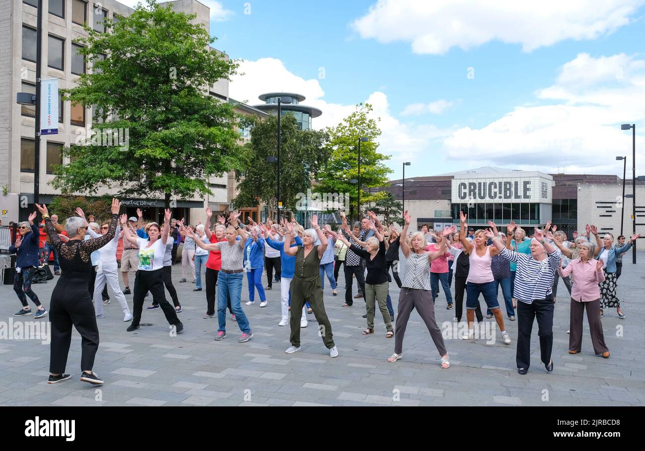Die Tänzer zeigen ihre „Keep fit“-Fähigkeiten beim jährlichen Dance Festival in den Straßen von Sheffield. Stockfoto
