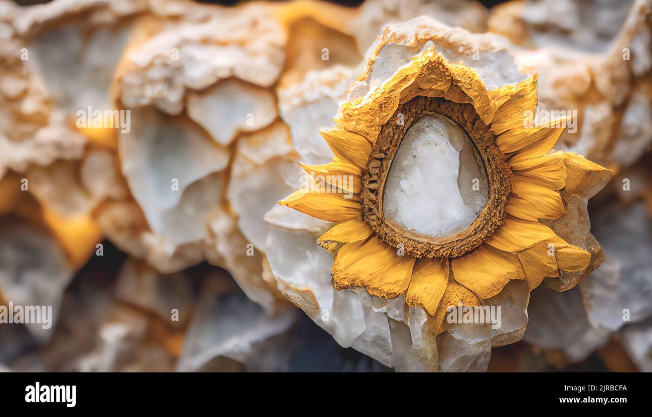 Ein Nahaufschlussmakro einer Geode in Form einer Sonnenblume, die aus einer weißen Marmorsteinwand herausragt. Hochwertige Fotos. Hintergrund für digitale Kunst Stockfoto