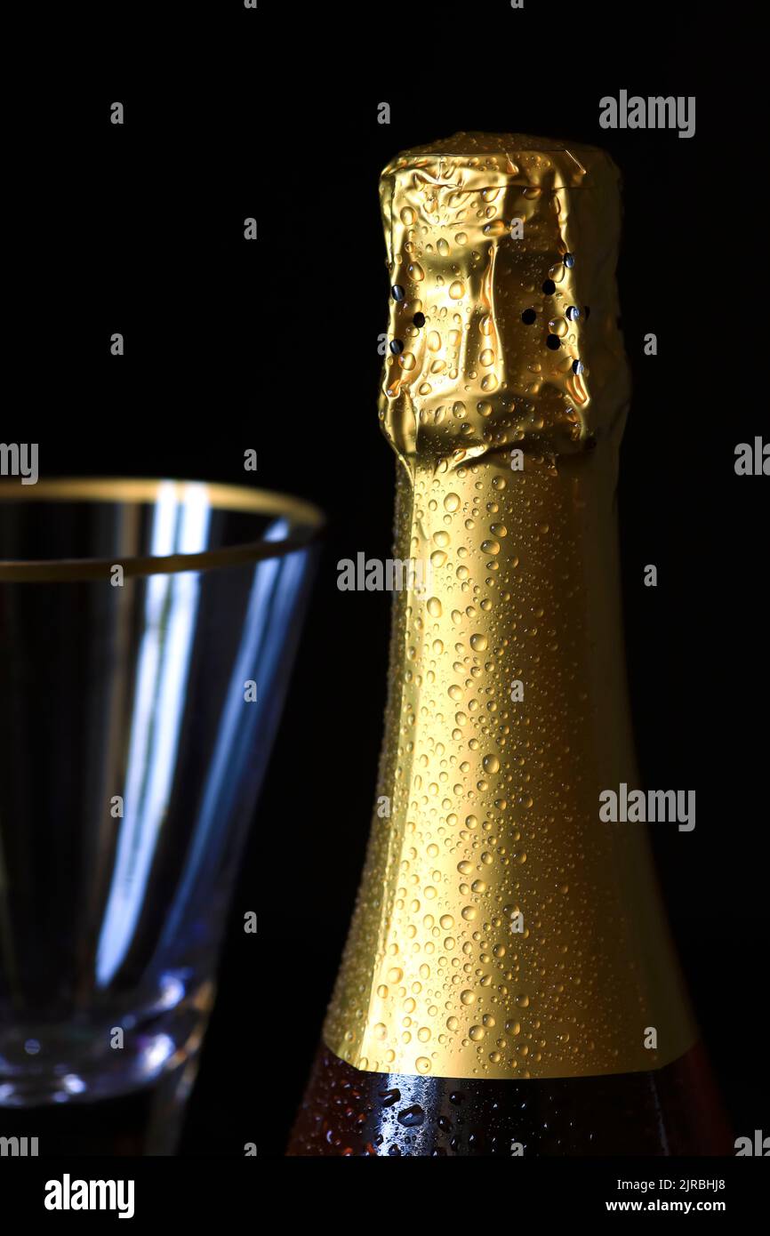 Studioaufnahme einer Sektflöte und einer gekühlten Flasche Champagner Stockfoto