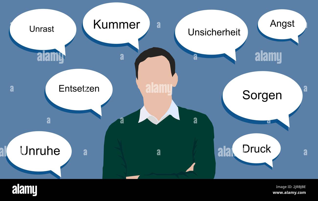Ein Mann mit verschiedenen deutschen Wörtern auf blauem Hintergrund Stockfoto