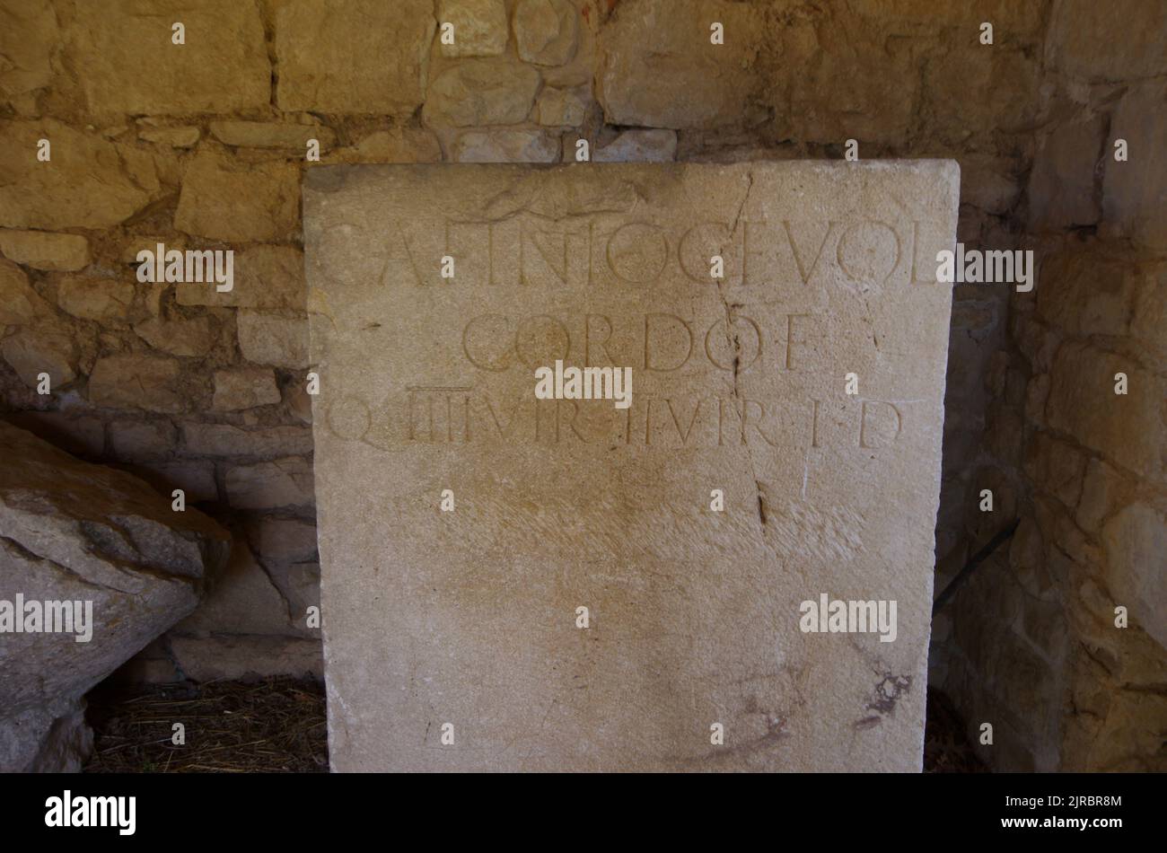 Überreste von Epigraph, archäologische Stätte von Altilia, Sepino, Molise, Italien. Stockfoto