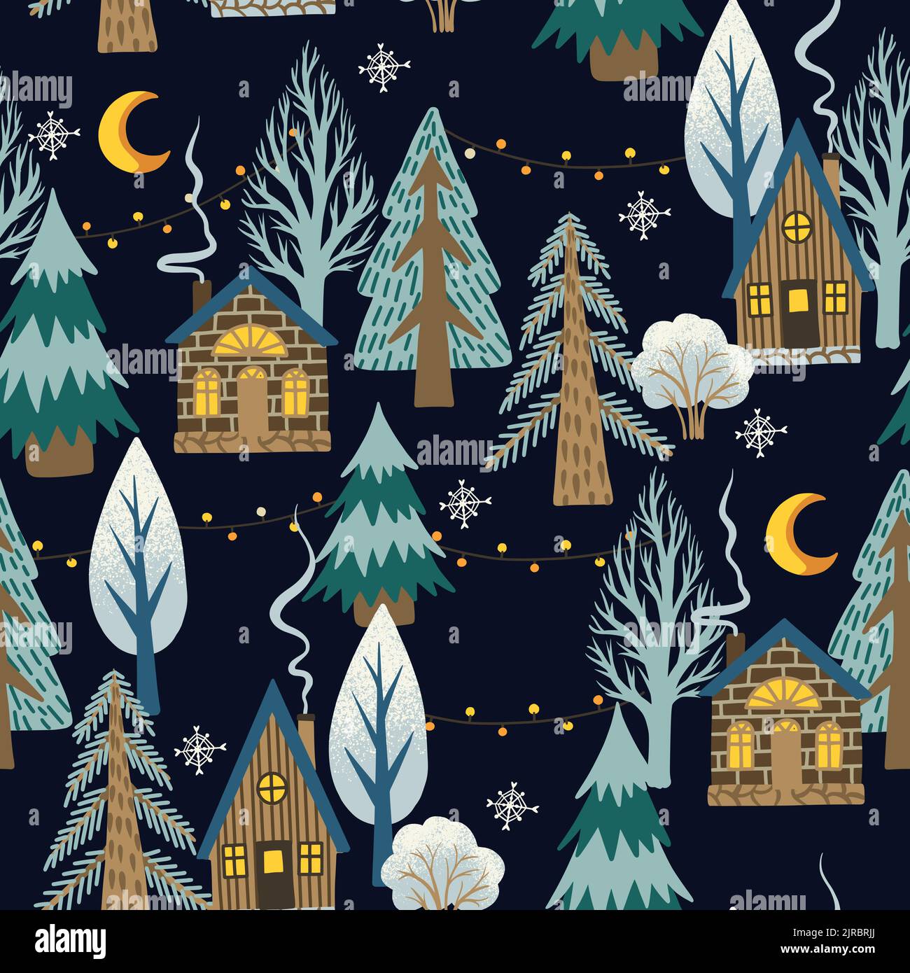 Weihnachtliche nahtlose Muster mit rustikalen Häusern und Bäumen. Hintergrunddruck Stock Vektor