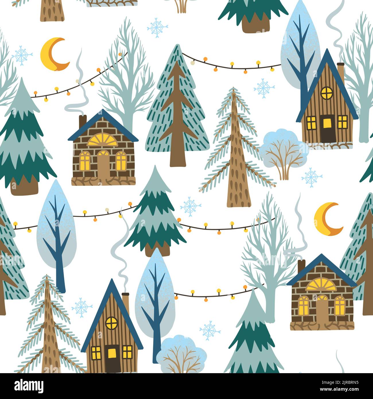 Weihnachtliche nahtlose Muster mit rustikalen Häusern und Bäumen. Hintergrunddruck Stock Vektor